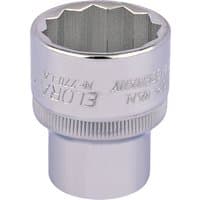 Shiny silver Elora bi-hexagon socket, 1/2" square drive, 1" size, with engraved branding and textured grip.
