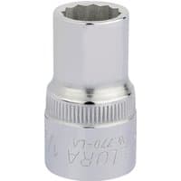 Chrome Elora bi-hexagon socket, 1/2" square drive, engraved branding, shiny finish, knurled grip section.