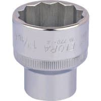 Silver Elora bi-hexagon socket, 1/2" square drive, 1.3/16" size, with engraved branding and knurled grip.