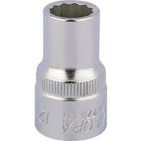 Silver Elora bi-hexagon socket, 1/2" square drive, 12mm, with engraved branding and textured grip.