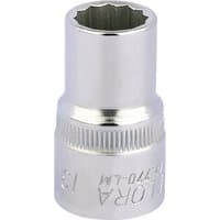 Elora 13mm bi-hexagon socket, 1/2" square drive, silver finish with engraved branding and ridged grip detail.