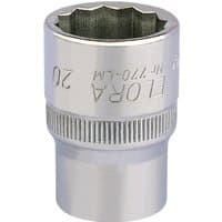 Silver Elora bi-hexagon socket, 1/2" square drive, 20mm, with engraved branding and knurled grip.