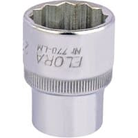 Silver Elora bi-hexagon socket, 1/2" square drive, 23mm, with engraved branding and knurled grip.