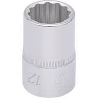 Silver Elora Bi-Hexagon socket, 3/8" square drive, 12mm, with engraved size marking and ribbed grip section.