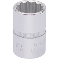Elora Bi-Hexagon Socket, 3/8" Sq. Dr., 13mm, shiny silver finish with engraved markings and ribbed grip.