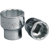 Silver Elora bi-hexagon socket, 3/8" square drive, 15mm, with engraved branding and polished finish.