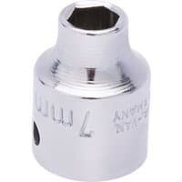 Elora 7mm bi-hexagon socket, 3/8" square drive, shiny chrome finish with engraved size marking.