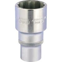 Elora deep bi-hexagon socket, silver, 1/2" square drive, 32mm, with a knurled grip section.