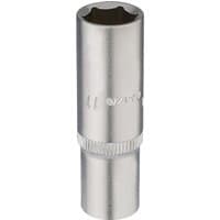 Silver Elora deep socket, 1/4" square drive, 11mm, with knurled grip and engraved branding.