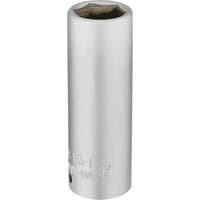 Silver Elora deep socket, 1/4" square drive, 12mm size, cylindrical shape with hexagonal opening.