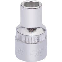 Chrome Elora hexagon socket, 1/2" square drive, 10mm, with knurled grip and engraved size marking.