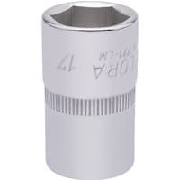 Silver Elora hexagon socket, 1/2" square drive, 17mm, with engraved branding and textured grip.