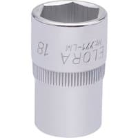 Silver Elora hexagon socket, 1/2" square drive, 18mm, with engraved branding and knurled grip.