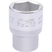 Elora hexagon socket, 1/2" square drive, 22mm, shiny silver finish with engraved branding and knurled grip.