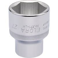 Silver Elora hexagon socket, 1/2" square drive, 27mm, with engraved branding and knurled grip.
