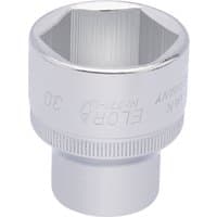 Elora 30mm hexagon socket, 1/2" square drive, silver with engraved branding and knurled grip.