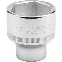 Silver Elora hexagon socket, 1/2" square drive, 33mm, with engraved text and knurled grip.