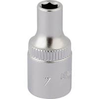 Silver Elora hexagon socket, 1/4" square drive, 4mm, with a shiny finish and knurled grip near the top.