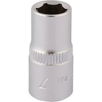 Silver Elora hexagon socket, 1/4" square drive, 7mm, with knurled grip and smooth finish.