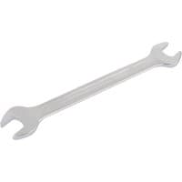 Silver Elora long metric double open end spanner, 14 x 15mm, with polished finish and angled open ends.