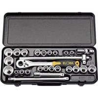 Black case with Elora 28-piece socket set, includes silver sockets, ratchet, and extensions, yellow handle detail.