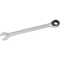 Silver Elora 10mm metric ratcheting spanner with open-end and ratchet ring on opposite ends.