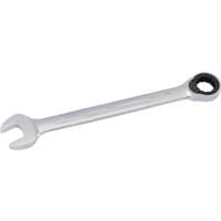Silver Elora 18mm metric ratcheting combination spanner with open-end and black ratchet ring on opposite ends.