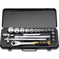 Elora metric socket set in black case, includes ratchet, extensions, and sockets with yellow-accented handle.