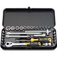 Black Elora metric socket set with 31 pieces, including ratchets, sockets, and extensions in a molded case.