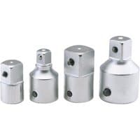 Set of four silver Elora socket converters with hexagonal tops and cylindrical bases, 1/2"(F) x 3/4"(M).