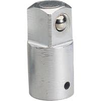 Silver Elora socket converter, 1/4"(F) to 3/8"(M), cylindrical with hexagonal top and smooth finish.