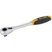 Silver Elora reversible ratchet with black and yellow soft grip handle, 1/2" square drive.