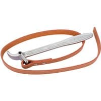 Elora strap wrench with silver metal handle and long brown strap, 1m length, 280mm capacity.