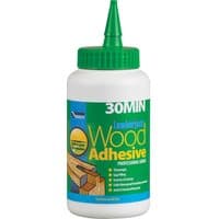 White bottle of Everbuild 30 Minute Polyurethane Wood Glue with green nozzle and yellow-blue label.