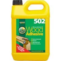 Yellow Everbuild 502 PVA Wood Glue 5L container with green label and handle, labeled for interior and exterior use.