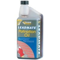 Clear bottle of EVERBUILD Lead Mate Patination Oil with black cap and blue label featuring application illustration.