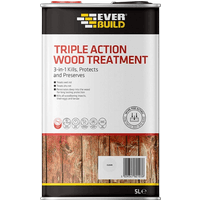 White and red 5L can of EVERBUILD Lumberjack Triple Action Wood Treatment with wood texture design at the bottom.