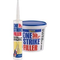 Everbuild One Strike Filler 1L tub with blue lid and bold red, blue text, alongside a white nozzle tube.