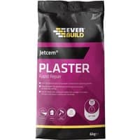 Black and purple bag of Everbuild Sika Quick Set Patching Plaster, 6kg, with white text and repair icons.