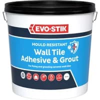 Evo-Stik blue and white tub of waterproof wall tile adhesive and grout, large size, with black lid and handle.