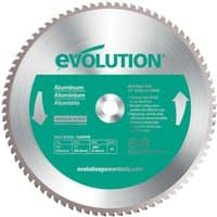 Silver Evolution 355mm 80T chop saw blade with green center label for aluminum cutting.