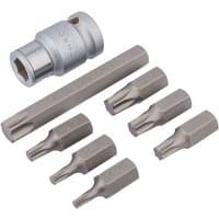 Draper 8-piece silver Tx-Star bit set with 1/2" square drive, featuring various sizes of star-shaped bits and a socket adapter.