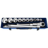Blue case with silver Expert by Facom 1" drive 14 piece socket set, includes ratchet and various socket sizes.