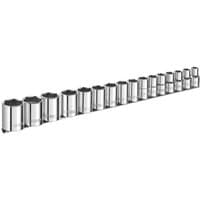 Facom 16-piece socket set, chrome finish, sizes 10-32mm, arranged in a line, for 1/2" drive tools.