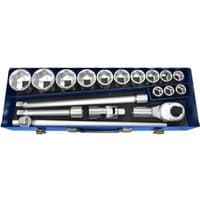 Blue case with Expert by Facom 20-piece socket set, includes ratchet, extensions, and sockets ranging 19-55mm.