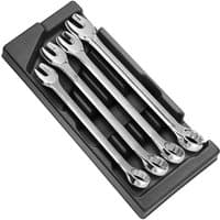 Silver Facom 4-piece metric spanner set, sizes 27-32mm, in black tray with open and box ends.