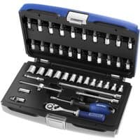 Black and blue Facom 42 piece socket set with silver sockets and ratchet in a compact case.