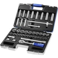 Facom 44 piece metric socket set in black case with silver sockets, blue-handled ratchet, and various extensions.