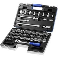 Facom 47-piece socket set with ratchet, extensions, and sockets in a black and silver case with blue handle.