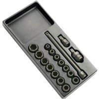 Black Facom 17 piece 1/2" drive impact socket set with various socket sizes in a molded tray.